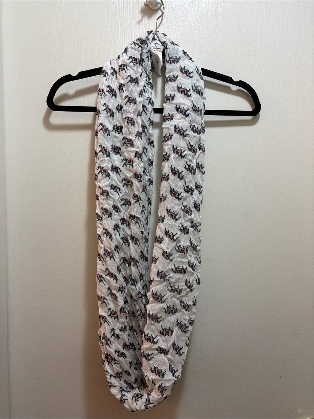 Reitmans White Infinity Scarf with Black and Pink Elephant Motif
